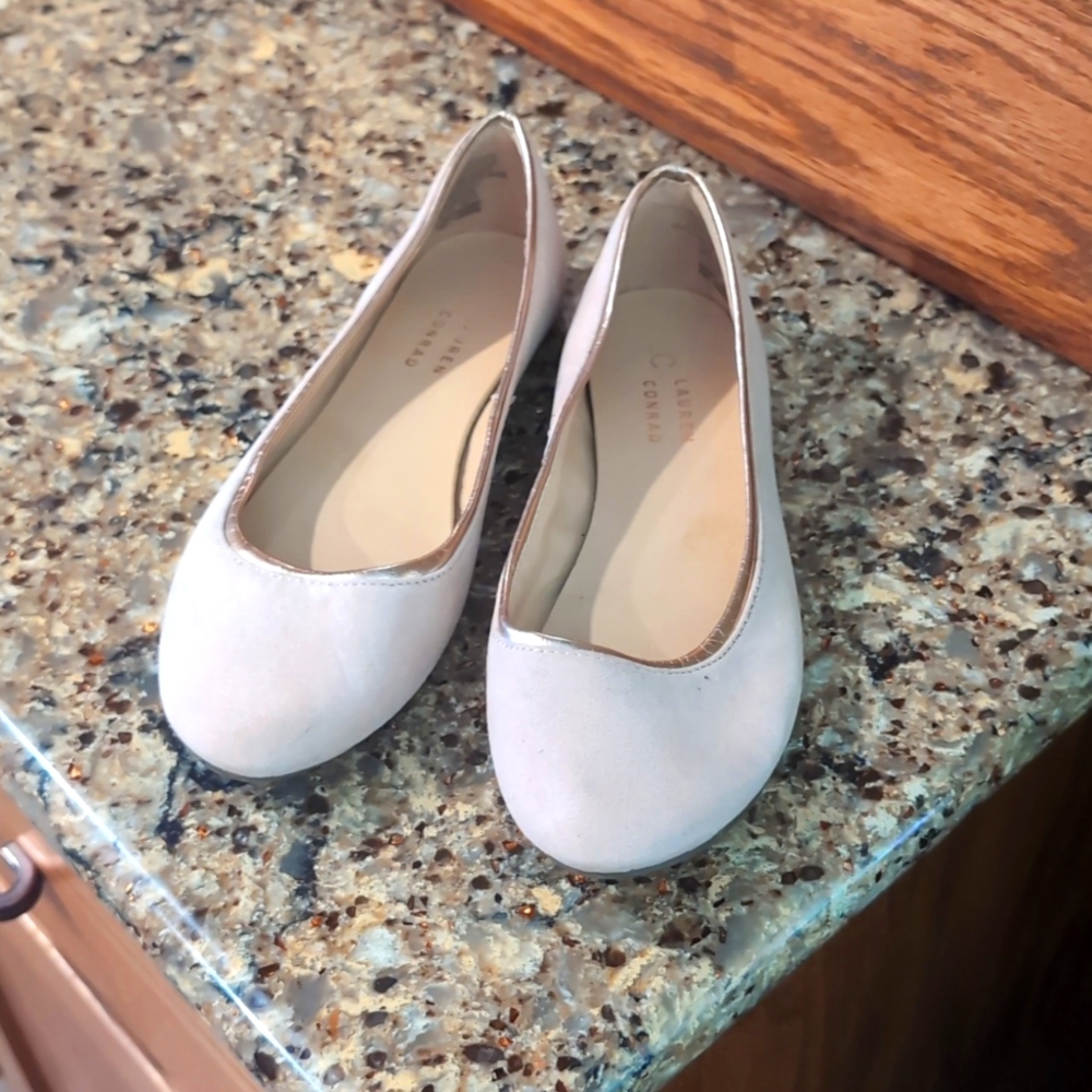 Cream and gold suede flats